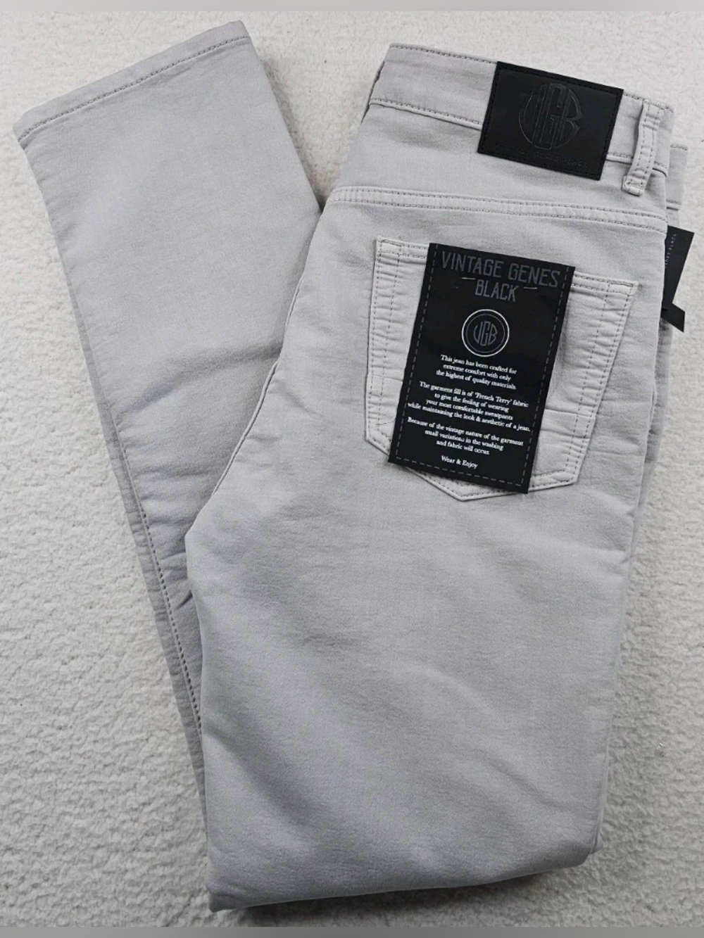VGB Vintage Genes Black Slim Fit Light Gray French Terry Denim Jeans 36x32 NWT